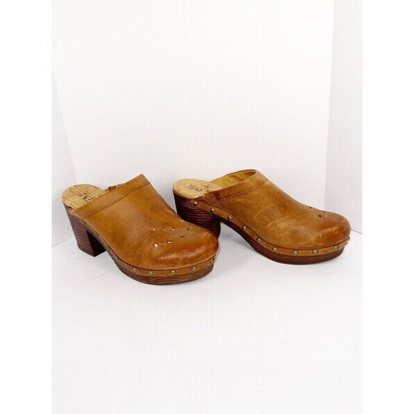Korks Platform Clog Mule Slip On Chunky Wood Block Heel Studded Brown Leather 6 - Picture 1 of 13